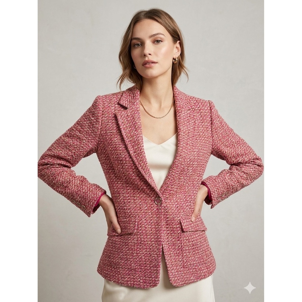 Ramy Brook Blazer L Tweed Metallic Single Button Chic Tailored Work Statement